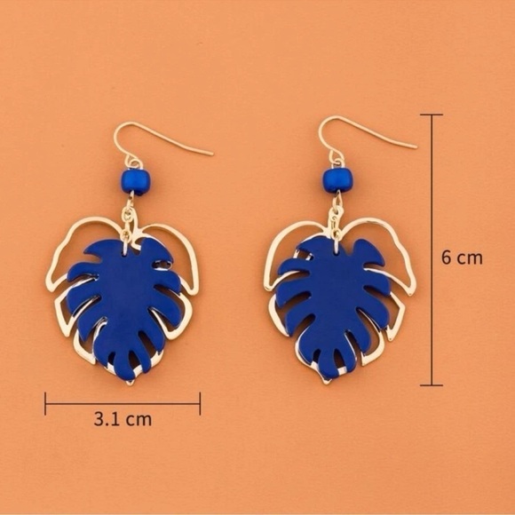 1 LEFT! Royal Blue & Gold Layered Leaf Earrings - Picture 3 of 5